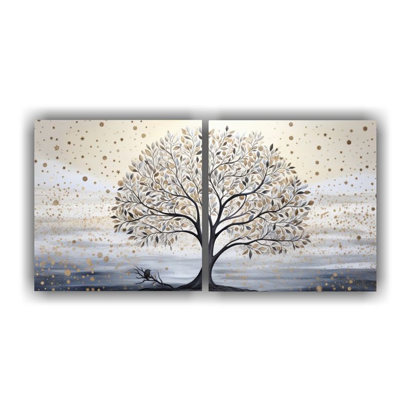 GENERICO - Dos Cuadros Impreso Resistente En Blanco Y Plata Del árbol  160x80cm
