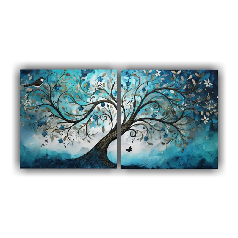GENERICO - Cuadro Moderno árbol Turquesa Y Plateado En Ambiente Diptic 160x80cm