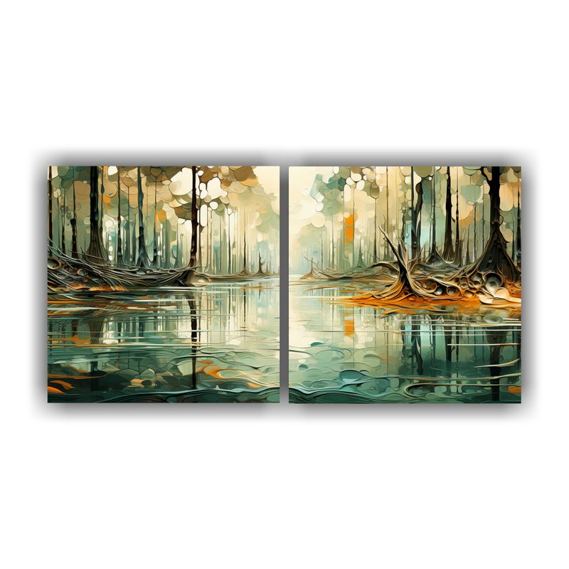 GENERICO - Set 2 Lienzos Conceptual Motivo Bosque Sereno Con Estanque D 120x60cm