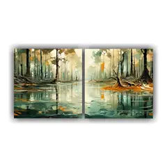 GENERICO - Set 2 Lienzos Conceptual Motivo Bosque Sereno Con Estanque D 120x60cm