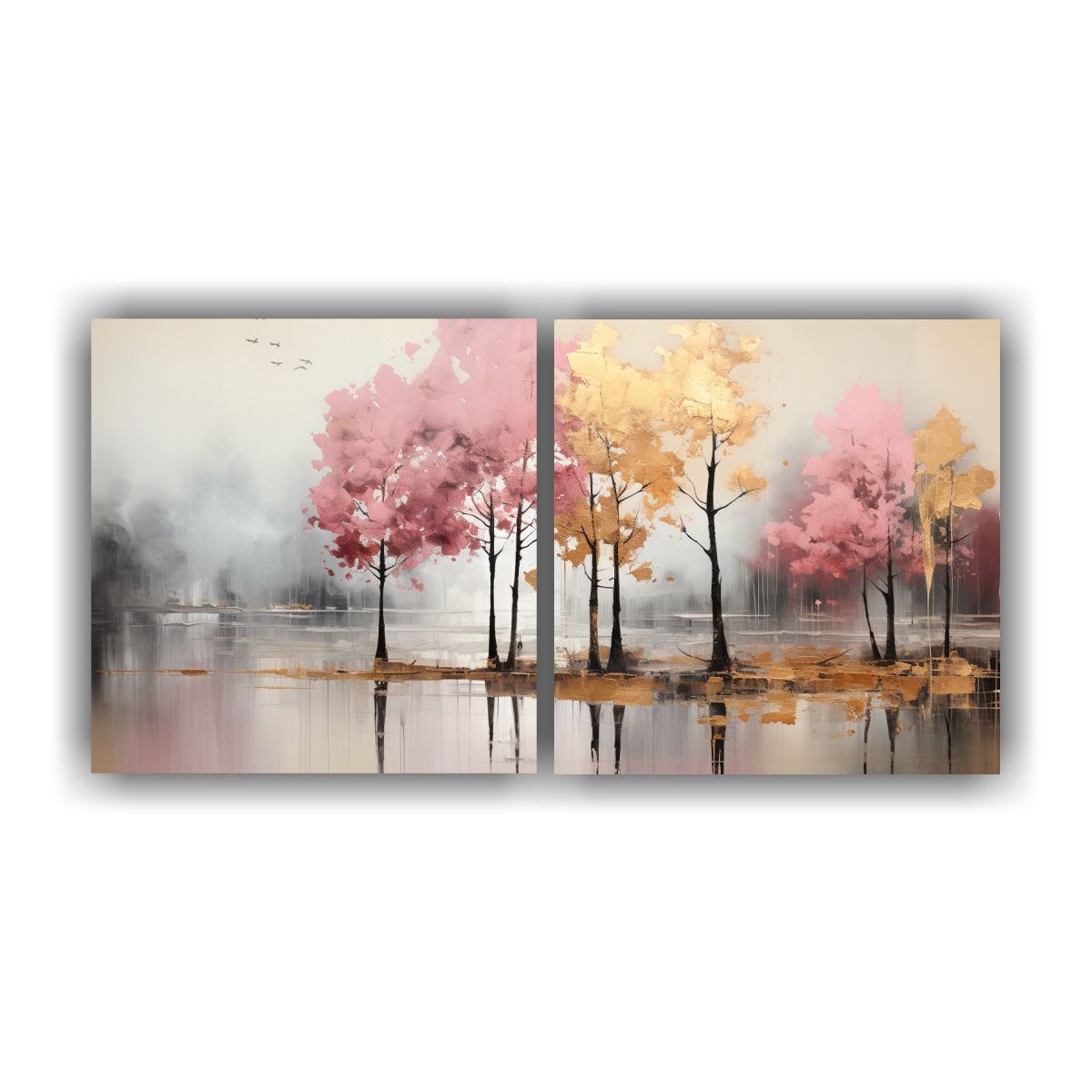 GENERICO - Pintura Abstracta De árboles En Plata Y Oro Con Dos Telas E 160x80cm