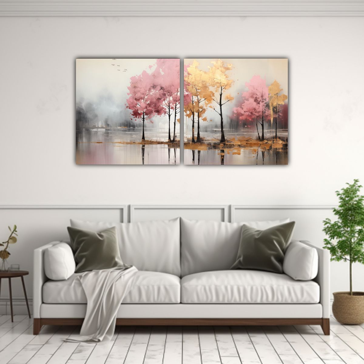 GENERICO - Pintura Abstracta De árboles En Plata Y Oro Con Dos Telas E 160x80cm