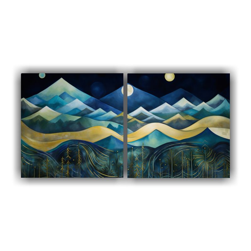 GENERICO - Díptico Paisaje Abstracto De Montañas Nocturnas Con Árbol 160x80cm