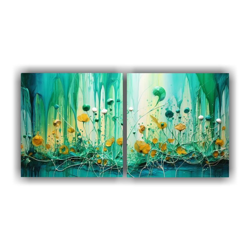 GENERICO - Dos Lienzos Simetría En Verde Y Dorado Estilo Pintura 160x80cm