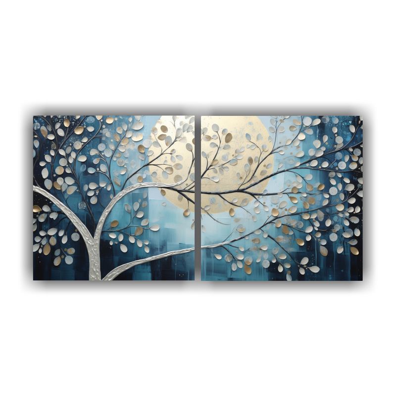 GENERICO - Pintura De Árbol En Azul Y Plata Para Decoración De Pared 160x80cm