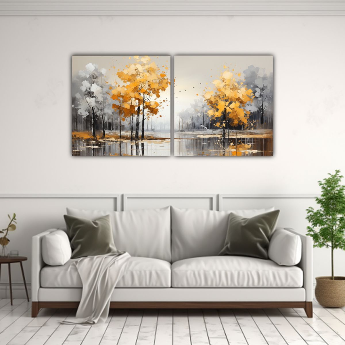 GENERICO - Pintura Abstracta De árboles En Plata Y Blanco, Decoración 160x80cm