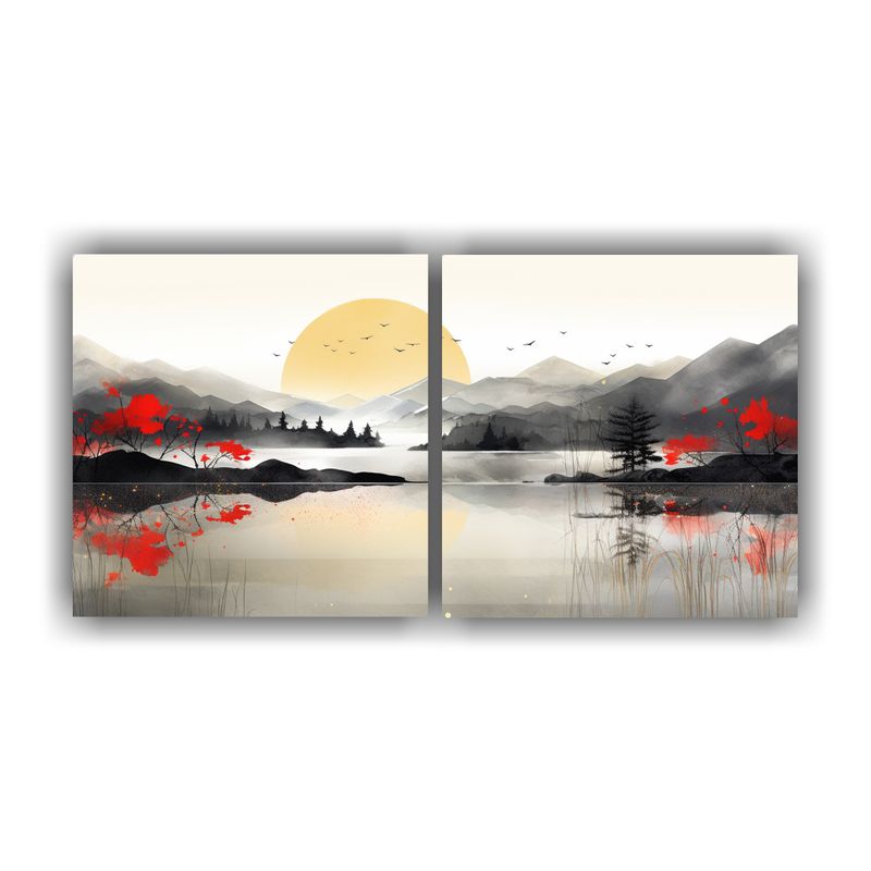 GENERICO - Cuadro De Montañas Reflejadas En Un Paisaje De 2 Telas 160x80cm