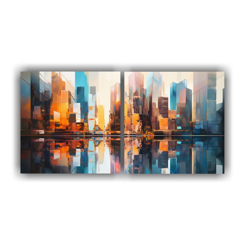 GENERICO - Pintura Abstracta De Edificios Junto Al Agua: Set 2 Lienzos  160x80cm