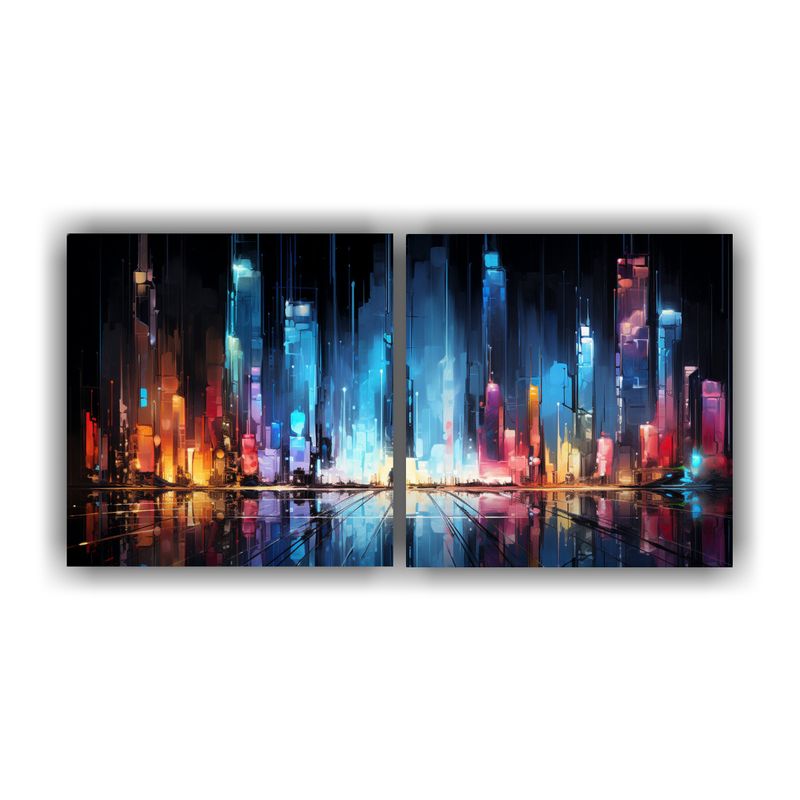 GENERICO - Set 2 Lienzos Escena Abstracta Ciudad En Luces Neón 160x80cm