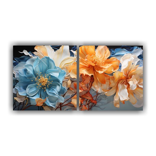 GENERICO - Pintura Acuarela Flor Azul Y Amarilla En Dos Cuadros 160x80cm