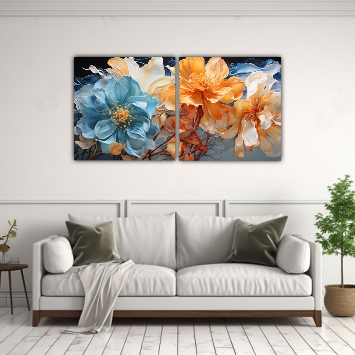 GENERICO - Pintura Acuarela Flor Azul Y Amarilla En Dos Cuadros 160x80cm