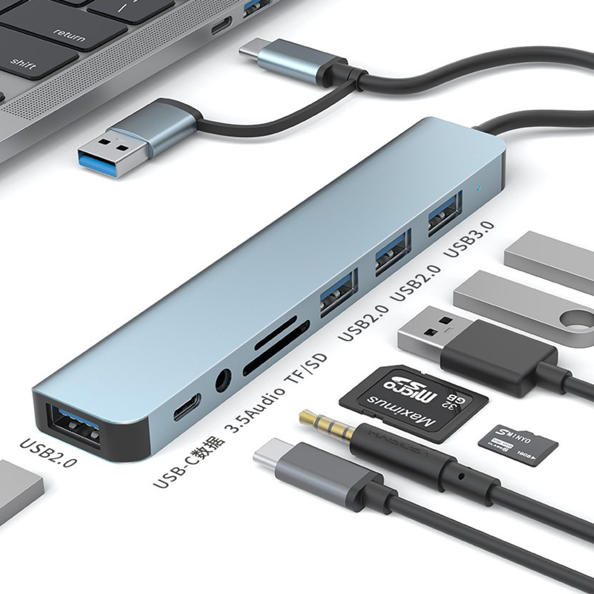 ATURE - Hub 8 En 1 Adaptador Usb C/a Usb C/usb2/3/sd/tf/jack Mac Pc