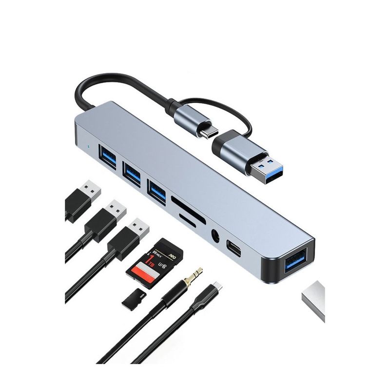 GENERICO - Hub 8 En 1 Adaptador Usb C/a Usb C/usb2/3/sd/tf/jack Mac Pc