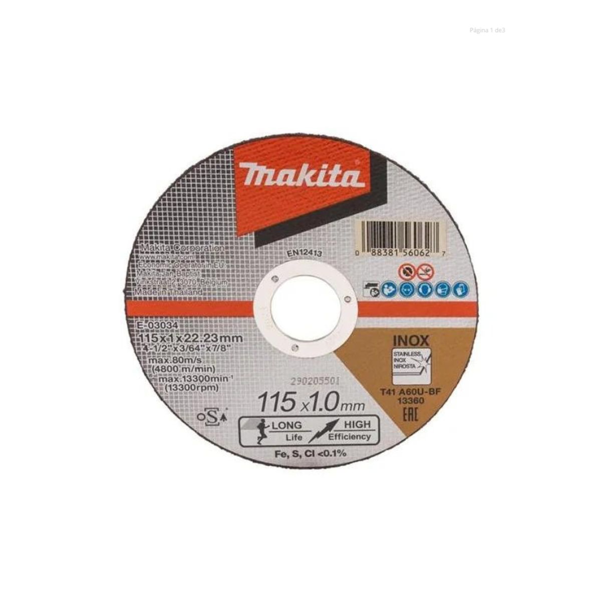 MAKITA - Disco Corte Inoxidable A60 4 1/2 X 1mm E-03034