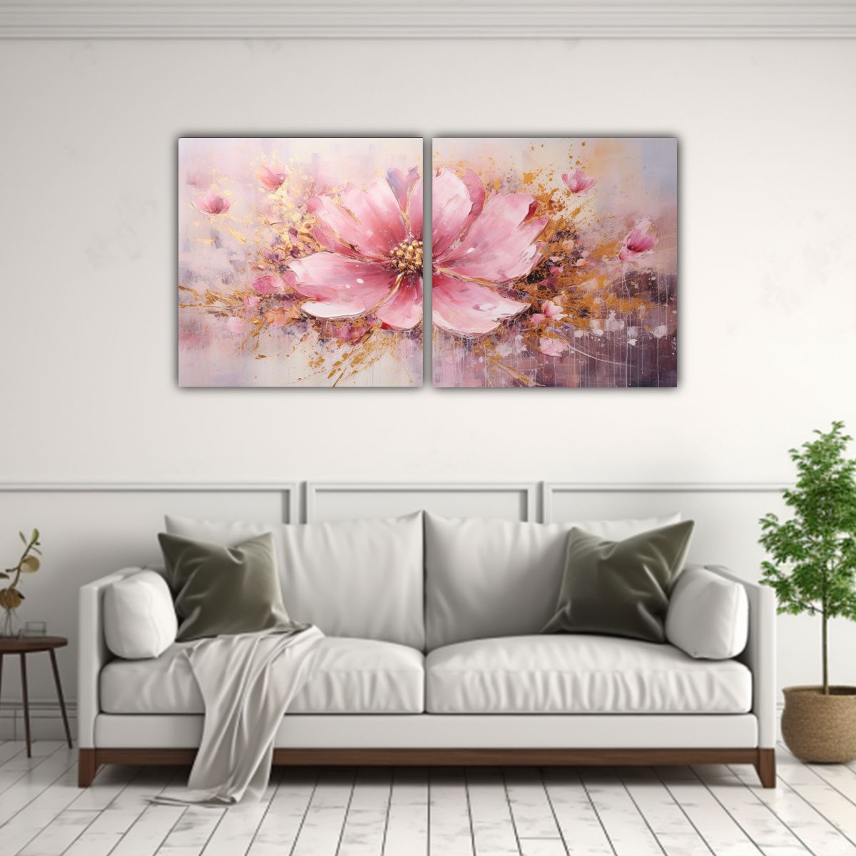 GENERICO - Díptico Cuadro Contraste Flor Rosa En Lienzo Estilo Decorat 160x80cm