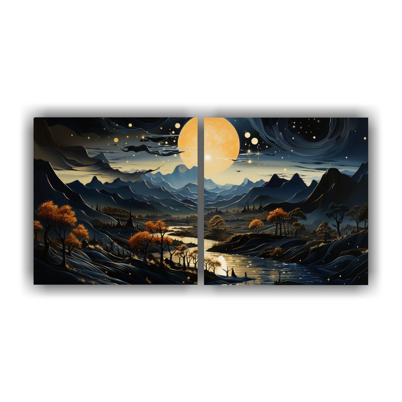 GENERICO - Paisaje Con Luna Y Montañas En Pintura Decorativa 160x80cm