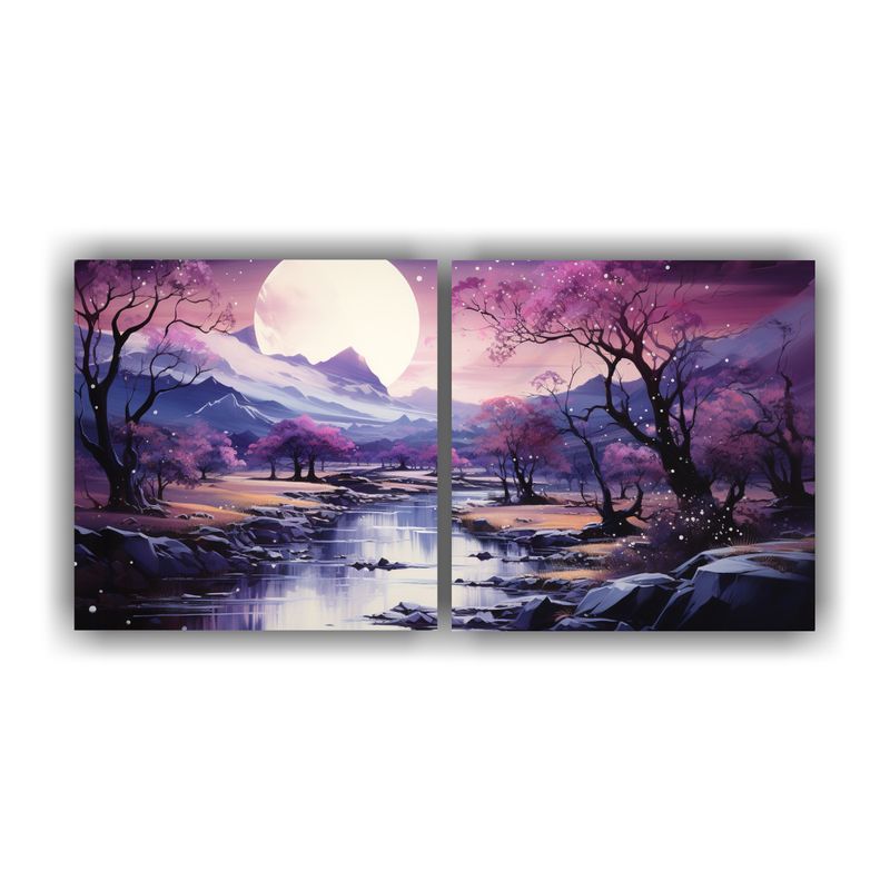 GENERICO - Pintura Diptico Movimiento Para Comedor Con Luna Y Montañas 160x80cm