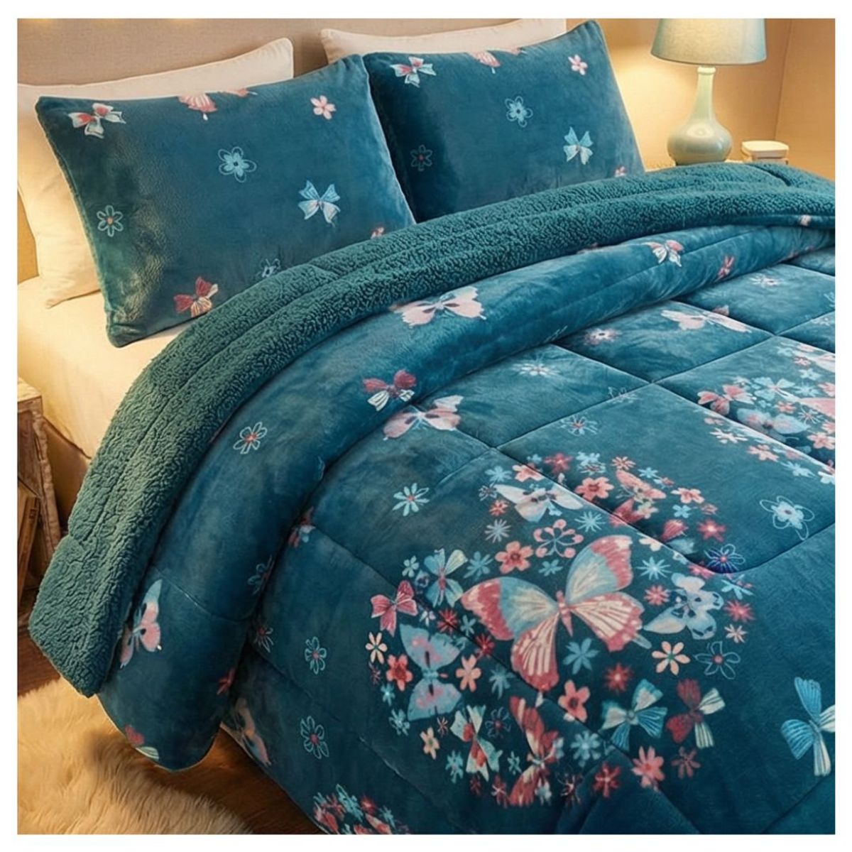 GENERICO - Cobertor Chiporro Invierno 2 Plazas -  Azul Petróleo Mariposa M87