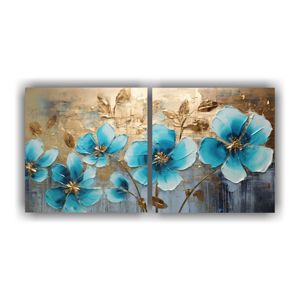 GENERICO - Diptico Impreso Contraste De Pintura Floral Azul En Lienzo A 160x80cm