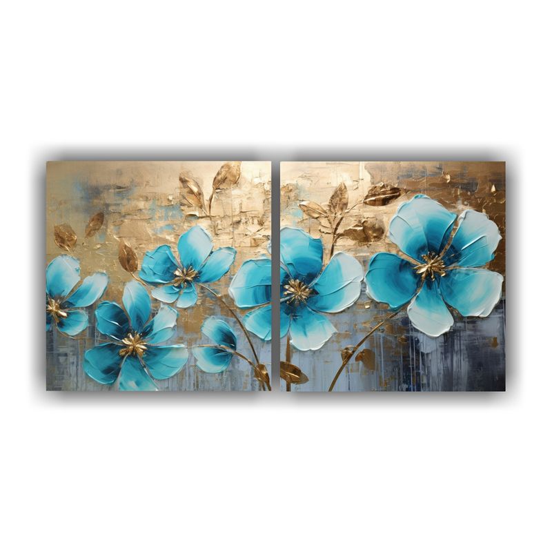 GENERICO - Diptico Impreso Contraste De Pintura Floral Azul En Lienzo A 160x80cm