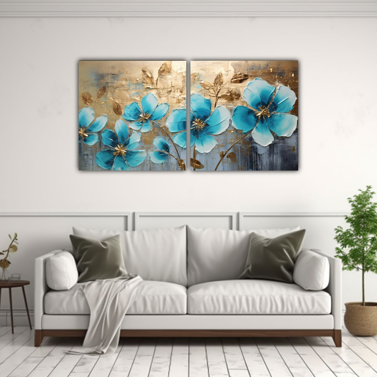 GENERICO - Diptico Impreso Contraste De Pintura Floral Azul En Lienzo A 160x80cm