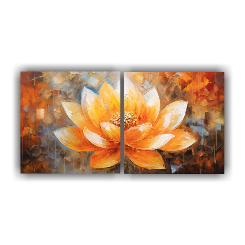 GENERICO - Diptico Cuadro Estrellados En Pintura De Loto Naranja Sobre  160x80cm