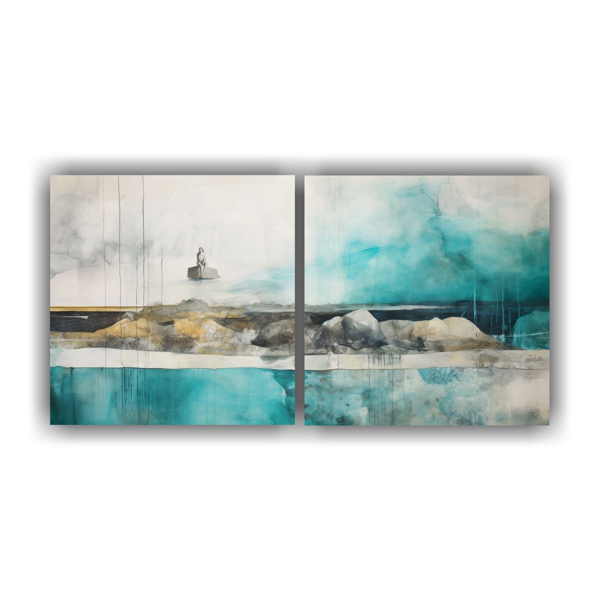 GENERICO - Pintura Abstracta En Turquesa, Verde Azulado Y Plata De Set  160x80cm
