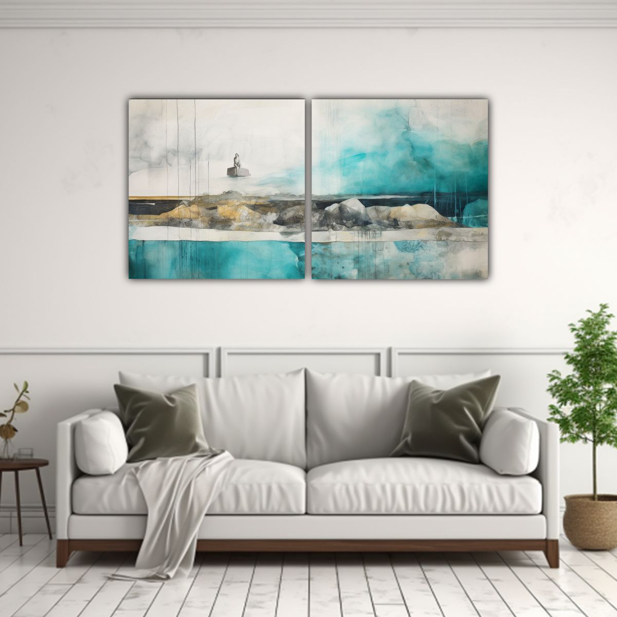 GENERICO - Pintura Abstracta En Turquesa, Verde Azulado Y Plata De Set  160x80cm