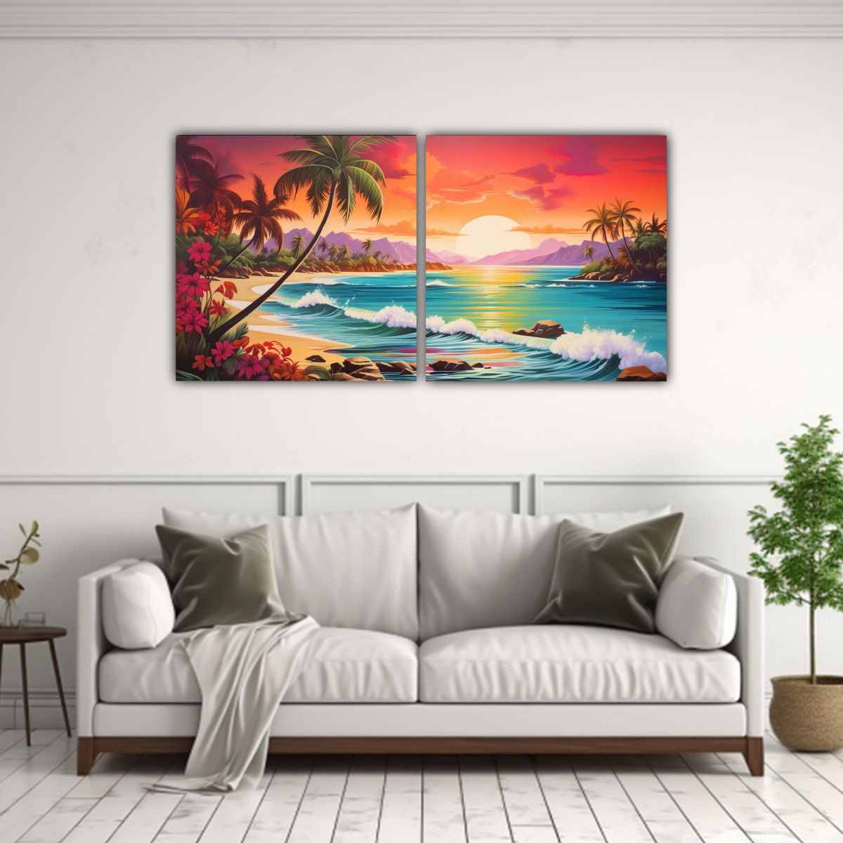 GENERICO - Paisaje Tropical Dos Telas En Bastidor Interpretración Abst 160x80cm