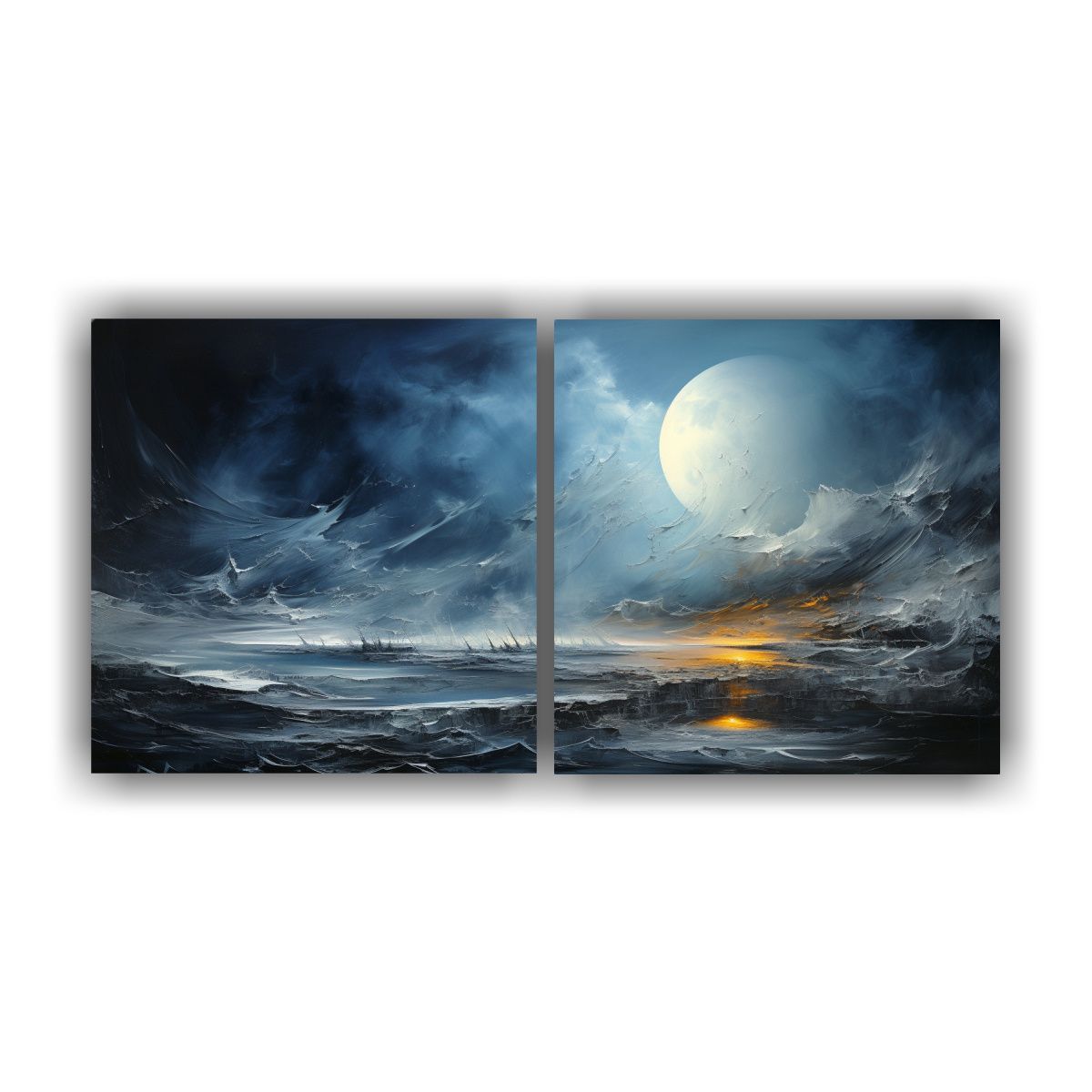 GENERICO - Díptico Moderno Abstracto Interacción Visual De Luna Y Mar 160x80cm