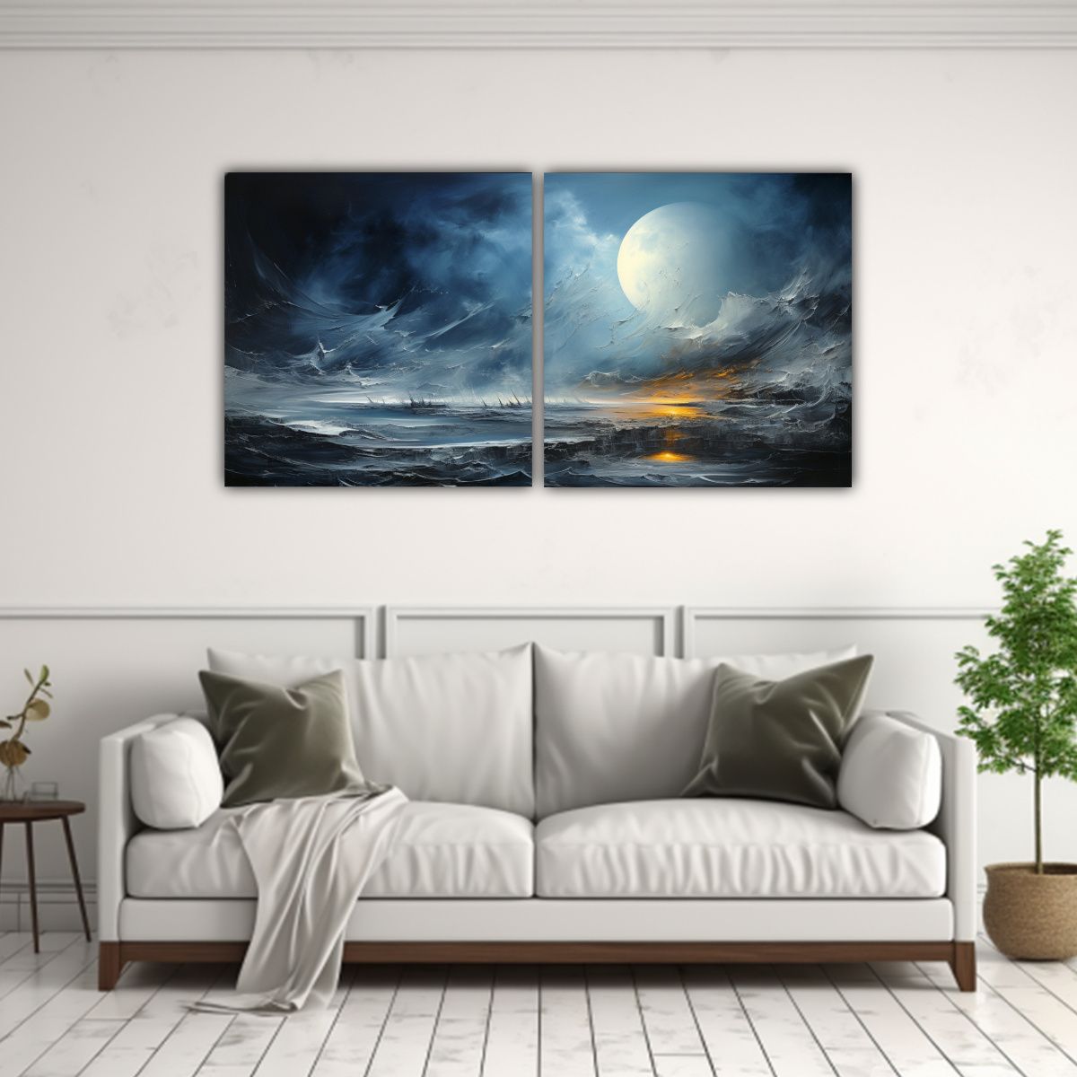 GENERICO - Díptico Moderno Abstracto Interacción Visual De Luna Y Mar 160x80cm