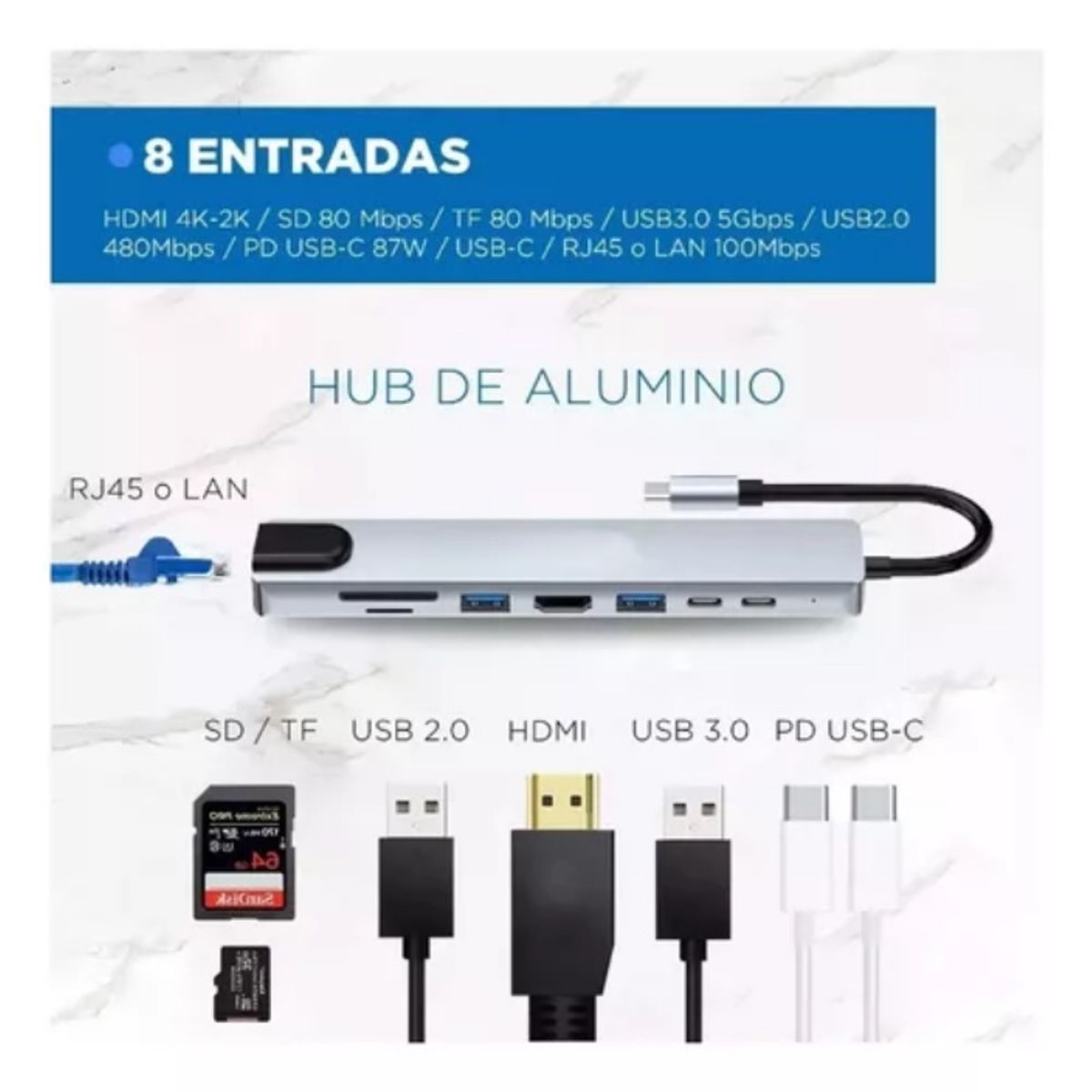 ATURE - Hub 8 En 1 Usb C Usb 3.0 Hdmi 4k Pd Tf Sd Rj45 Lan 100mbps