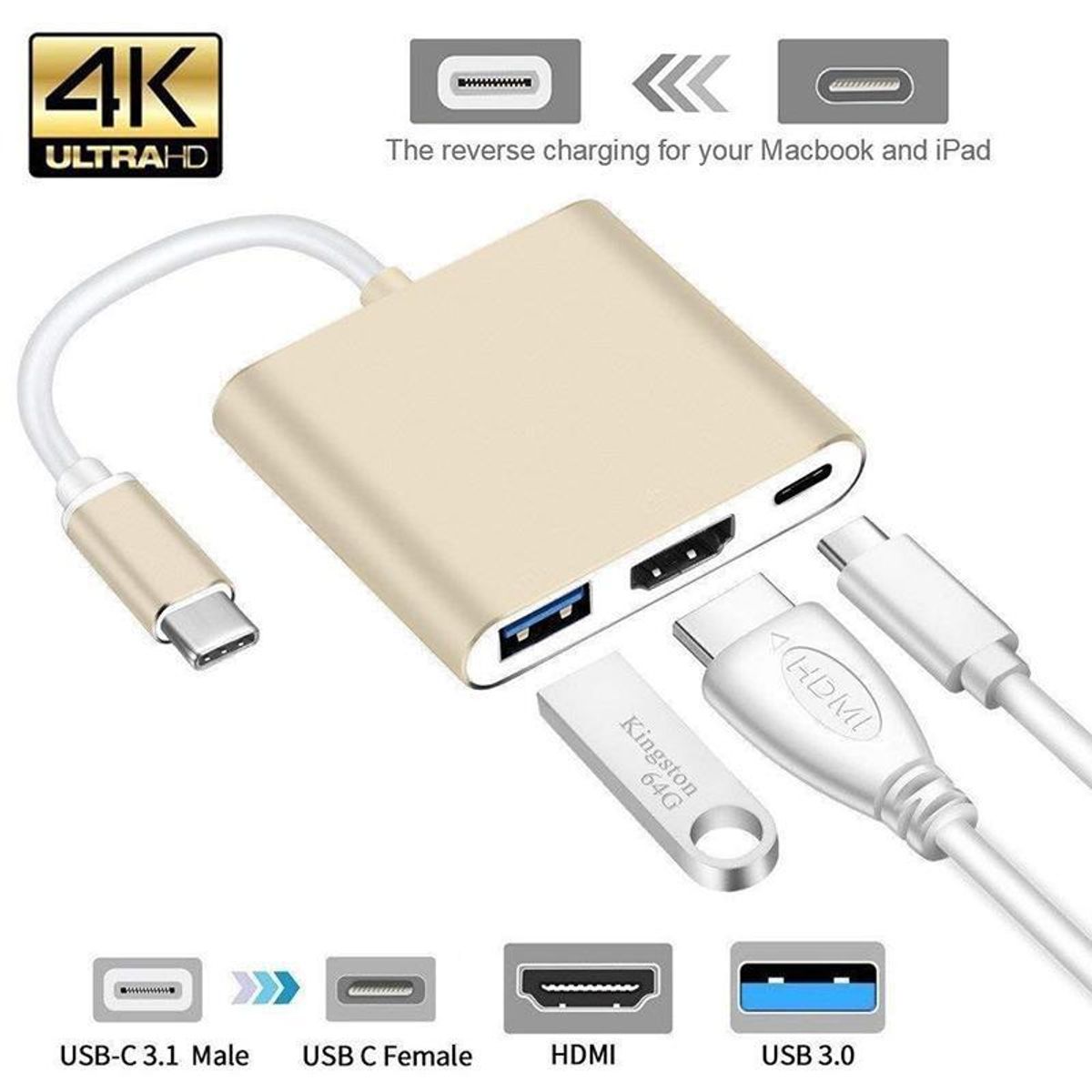ATURE - Adaptador 3 En 1 Usbc 3.1 A Usb3.0/c/hdmi/ 4k Mac Pc Switch Plateado