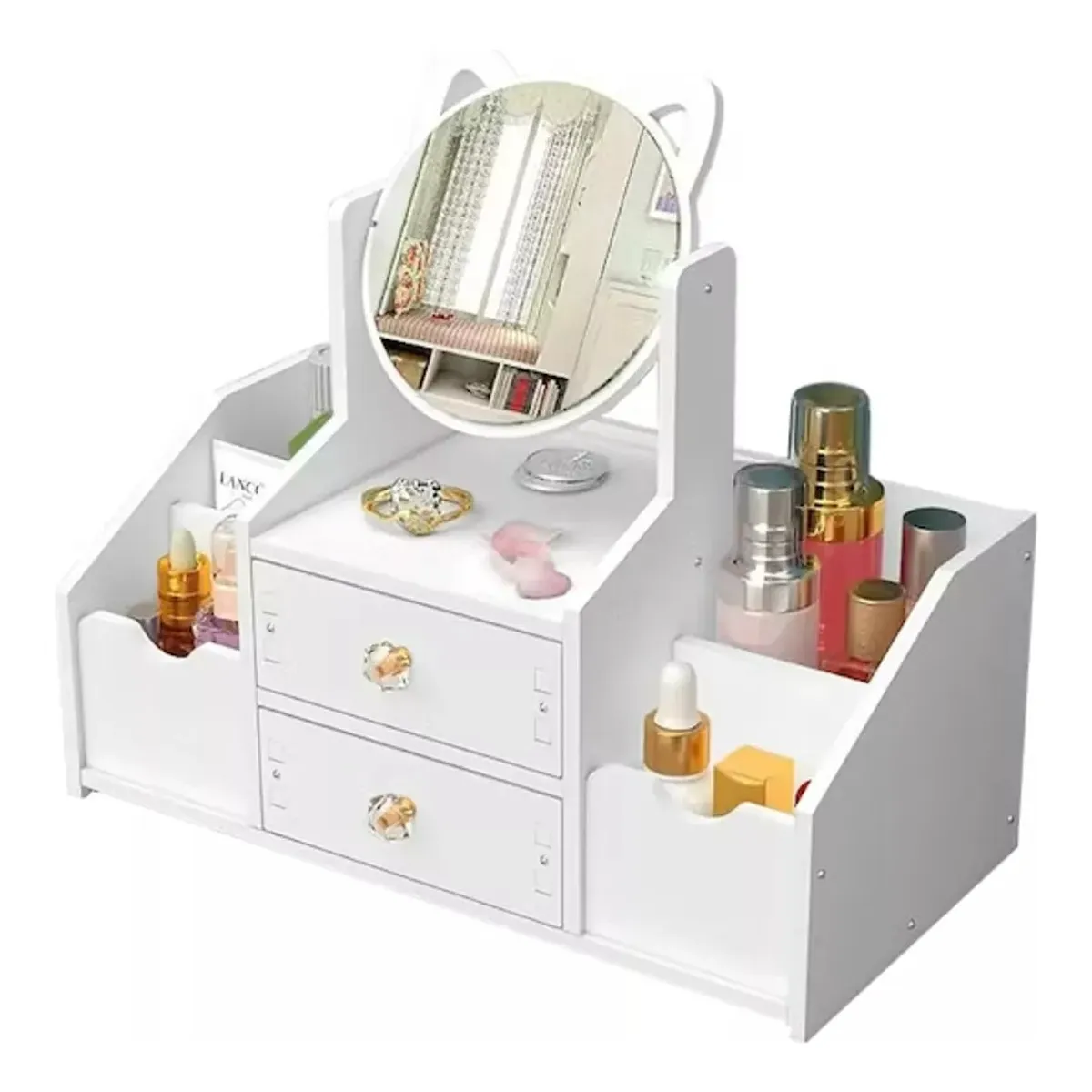 GENERICO - Espejo Organizador con Diseno de Orejas de Gato Tocador con Cajon Ajustable Ideal Regalo