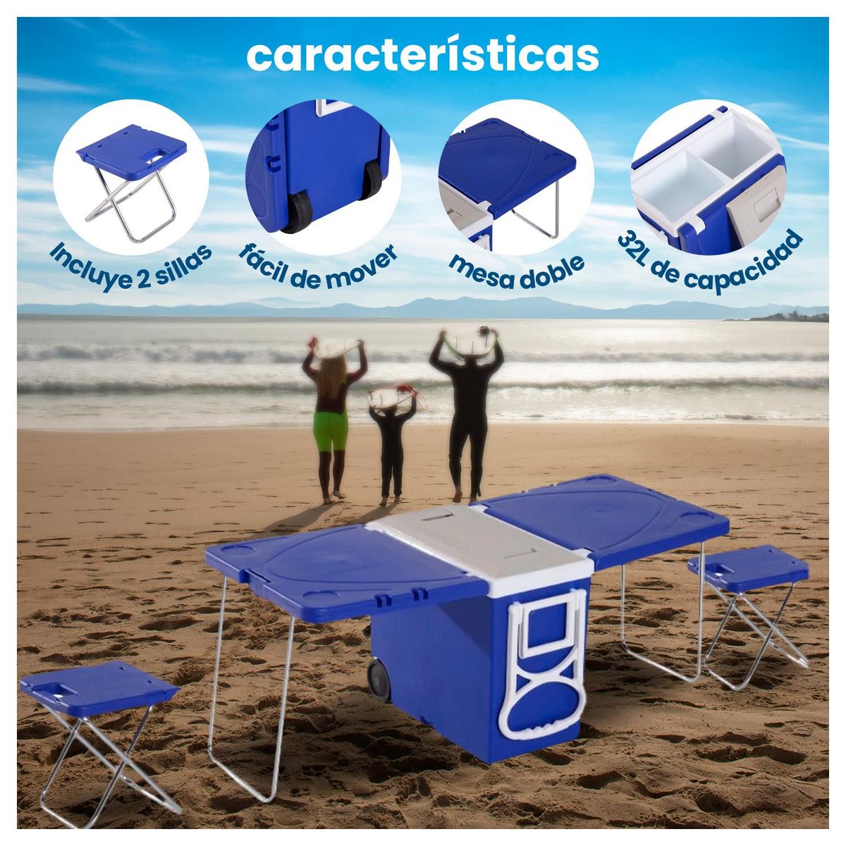 GLOBAL LATIN GROUP - Mesa Cooler 2 en 1 de 32 Ltrs con Asientos y Ruedas - Azul