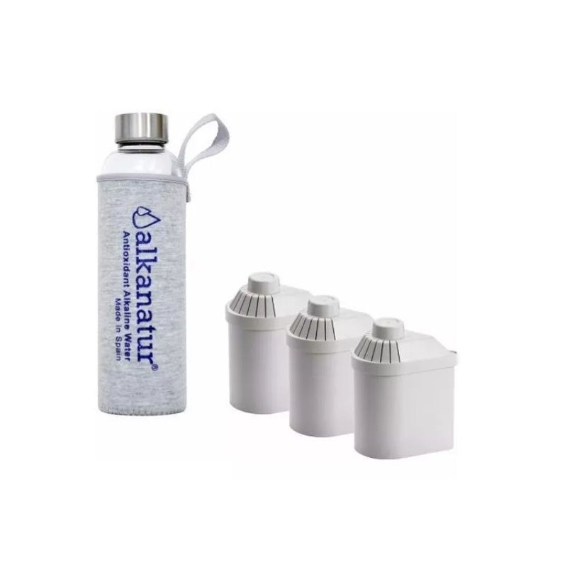 ALKANATUR - Pack Filtros Para Jarra Alkanatur + Botella De Cristal Borosilicato