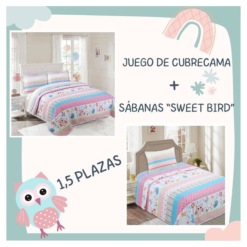 COMPRAPO - Juego Dormitorio Cubrecama Liviano + Sábanas 1.5 Plaza Swett Bird