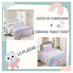 COMPRAPO - Juego Dormitorio Cubrecama Liviano + Sábanas 1.5 Plaza Swett Bird