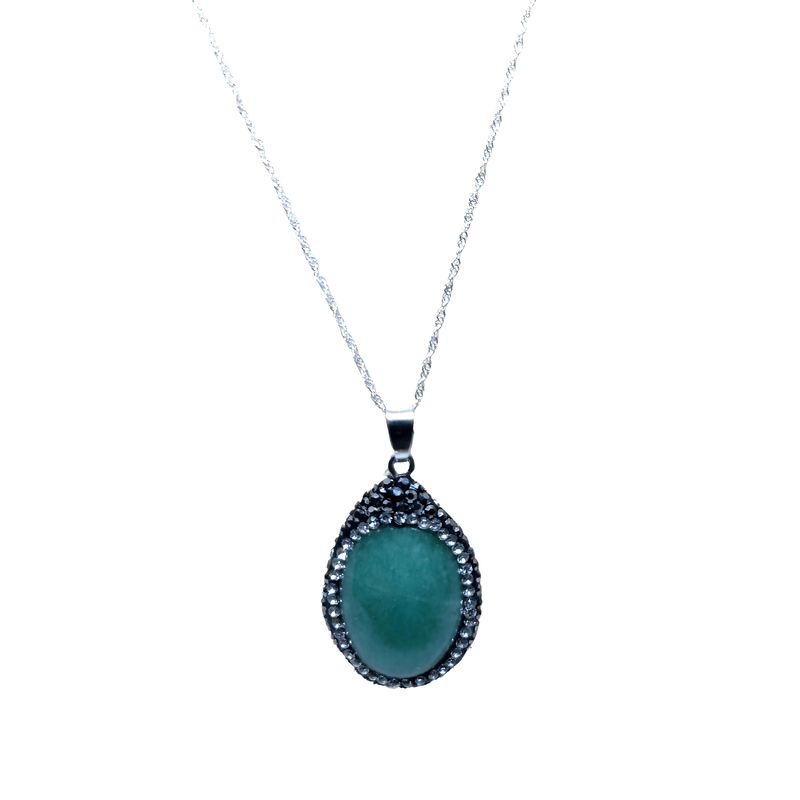 GENERICO - Collar Colgante Ovalado Jade Borde de Strass con Cadena de Plata