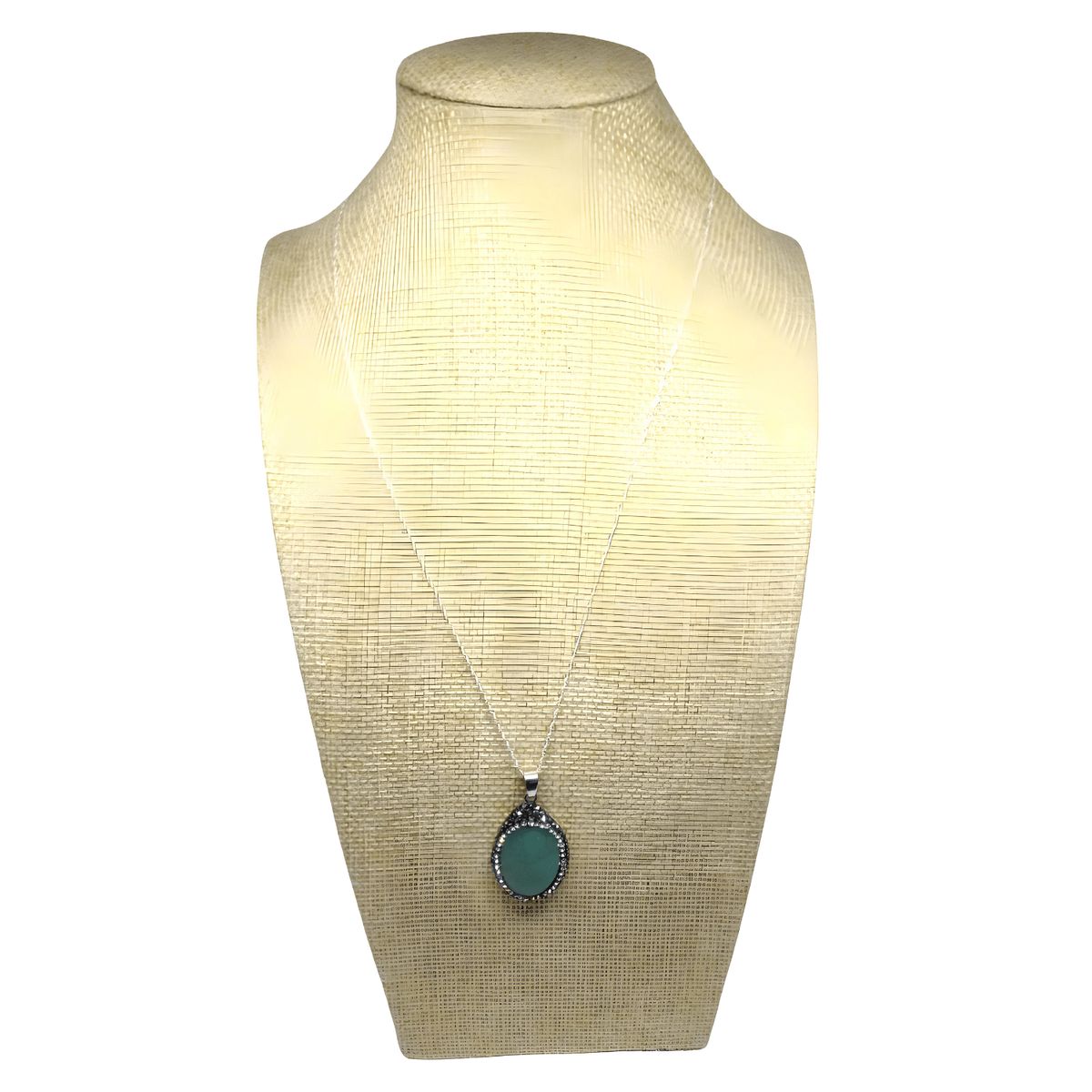 GENERICO - Collar Colgante Ovalado Jade Borde de Strass con Cadena de Plata