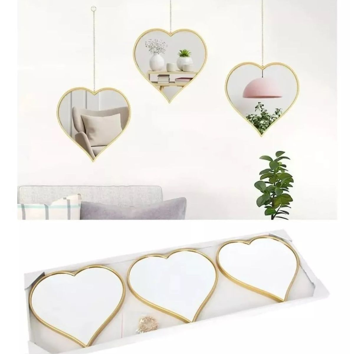 GENERICO - Set de 3 Espejos Corazones Colgantes