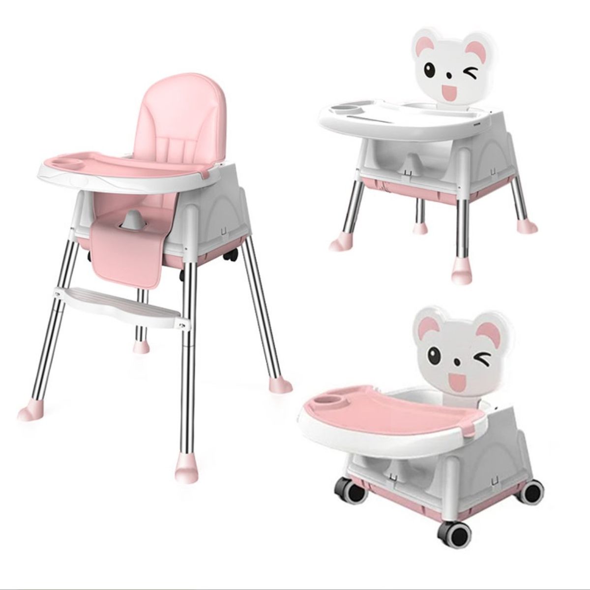 ACTUAL - Silla De Comer Para Bebés Rosada Portátil Ajustable 3 en 1