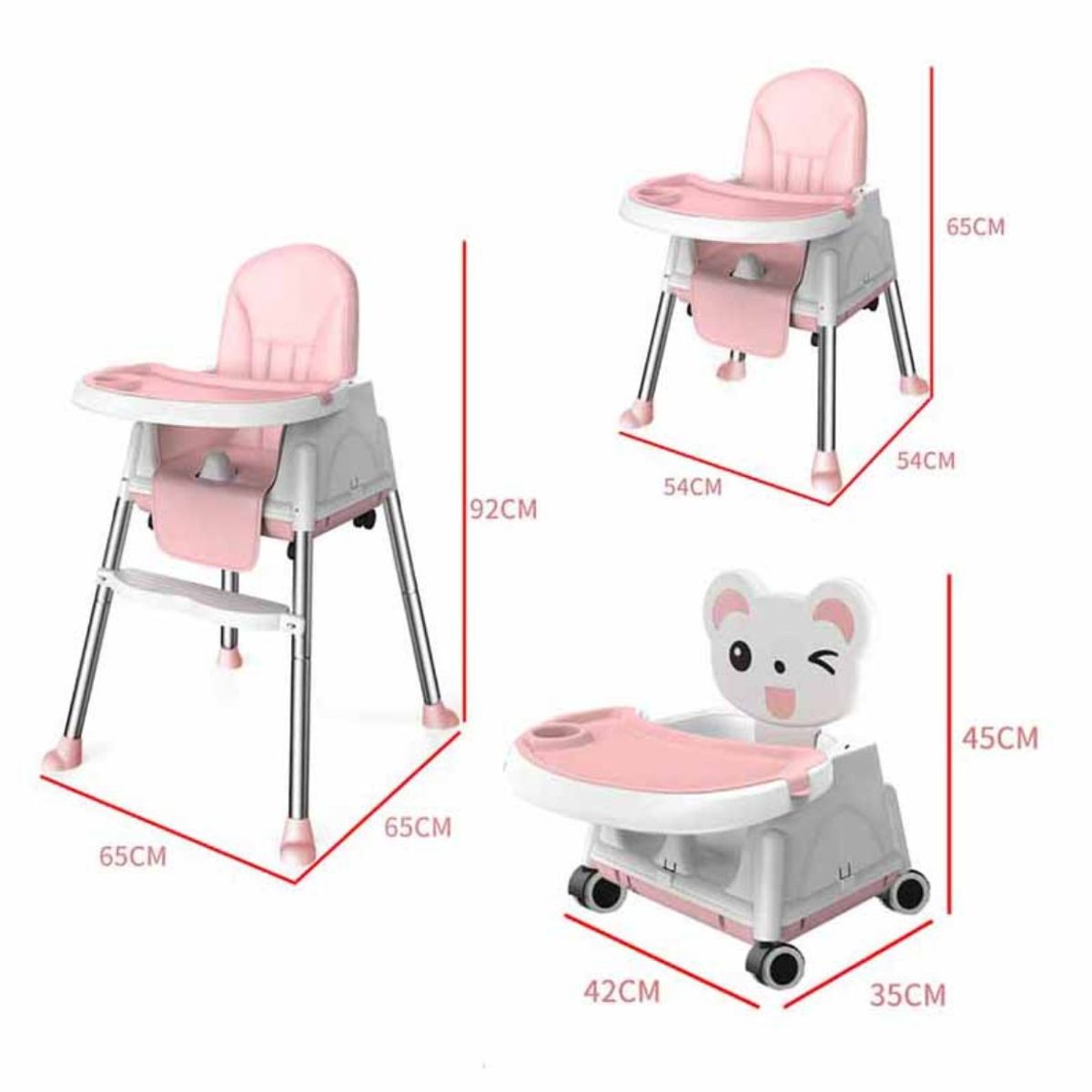 ACTUAL - Silla De Comer Para Bebés Rosada Portátil Ajustable 3 en 1