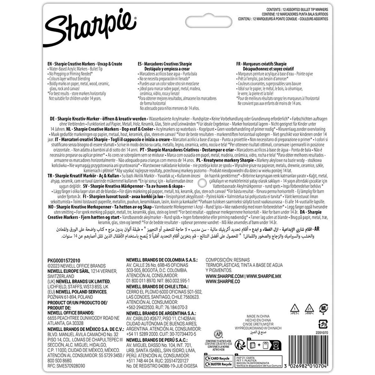 SHARPIE - Set Lapices Acrilico Sharpie 12 Colores Base Agua