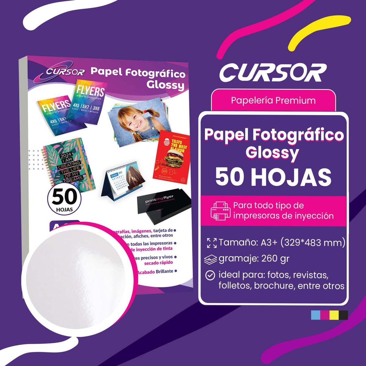 CURSOR - Papel fotografico glossy A3+ 260G 50H CURSOR - Blanco