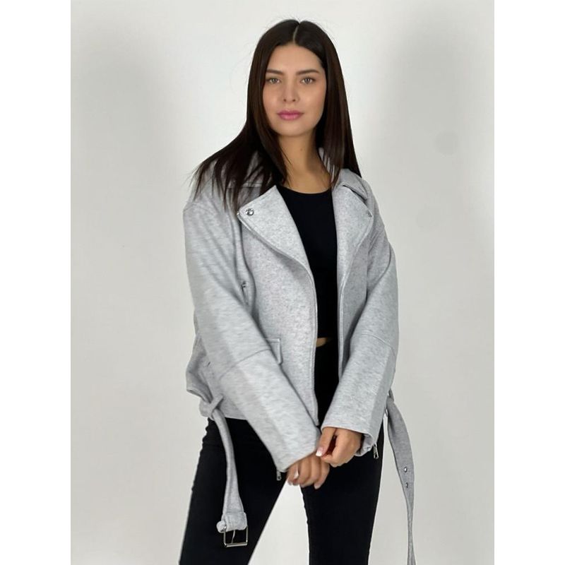 ENIGMATICA BOUTIQUE - Chaqueta Con Cierre Y Cinturón Gris Claro ENIGMATICA BOUTIQUE
