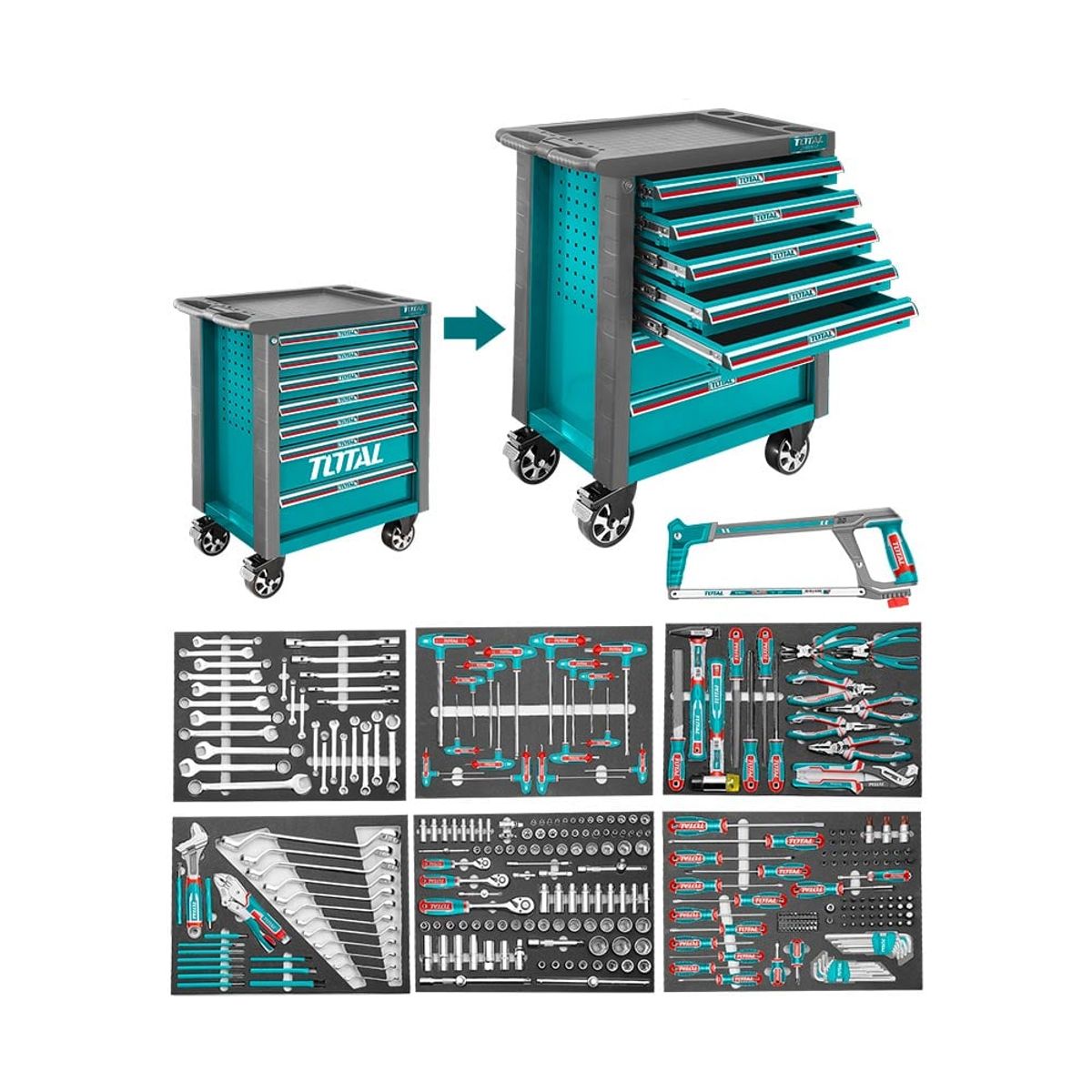 TOTAL TOOLS - Carro Gabinete Metálico 7 Cajones + 328 Herramientas TOTAL