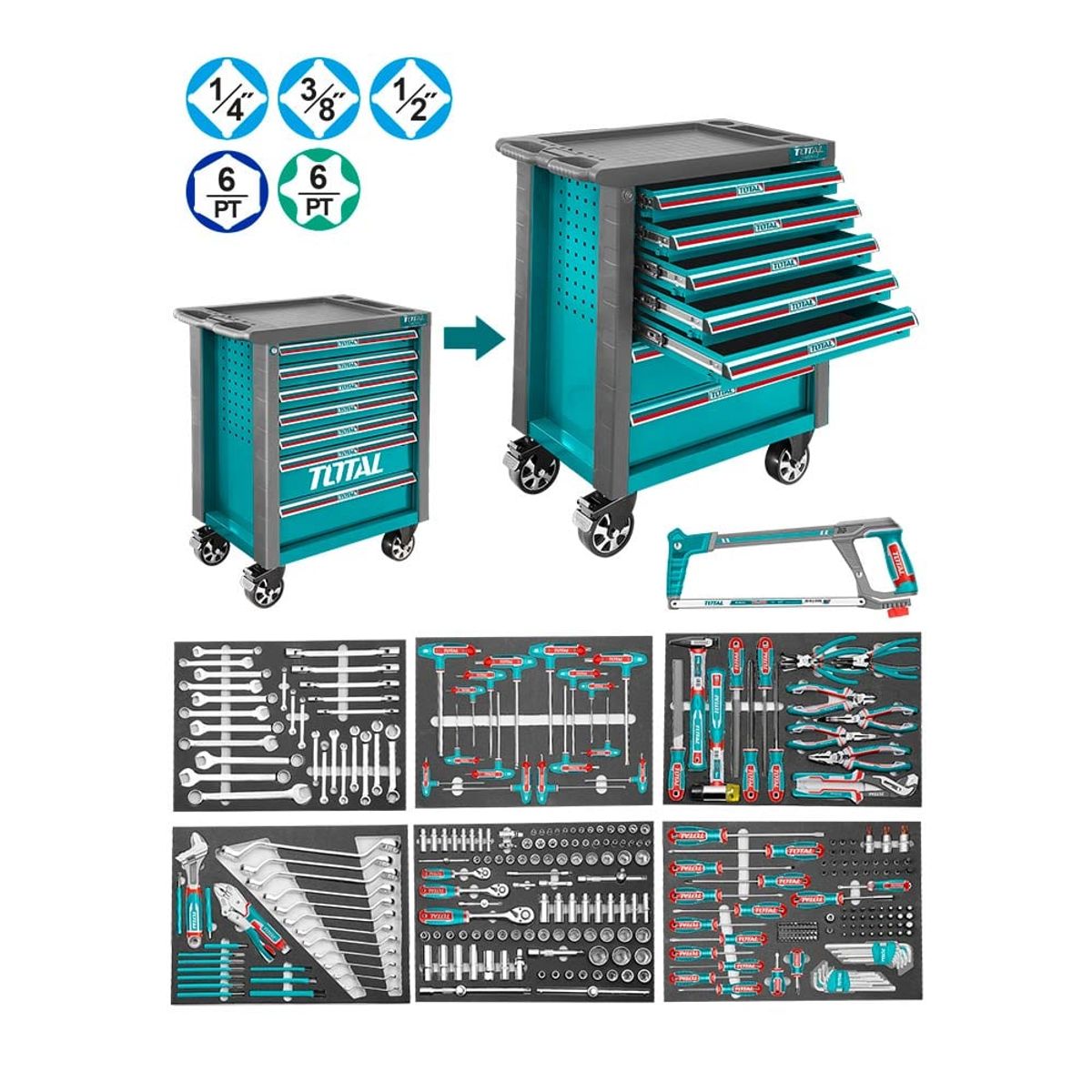 TOTAL TOOLS - Carro Gabinete Metálico 7 Cajones + 328 Herramientas TOTAL