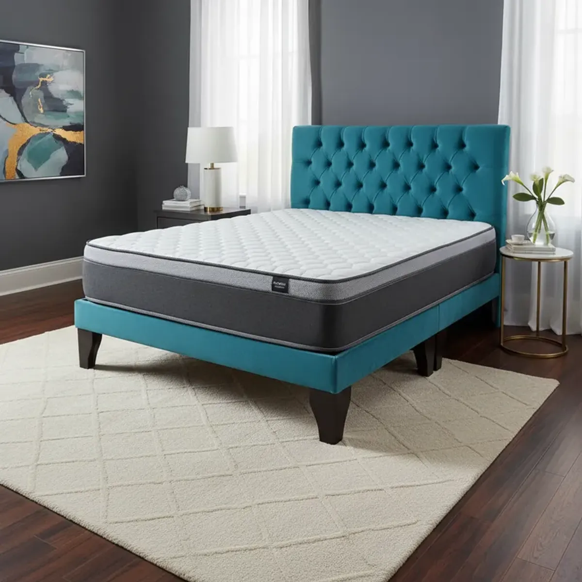 FLOBAL - Cama Europea Super King + Respaldo Capitones Turquesa +Colchón 200x200x29cm