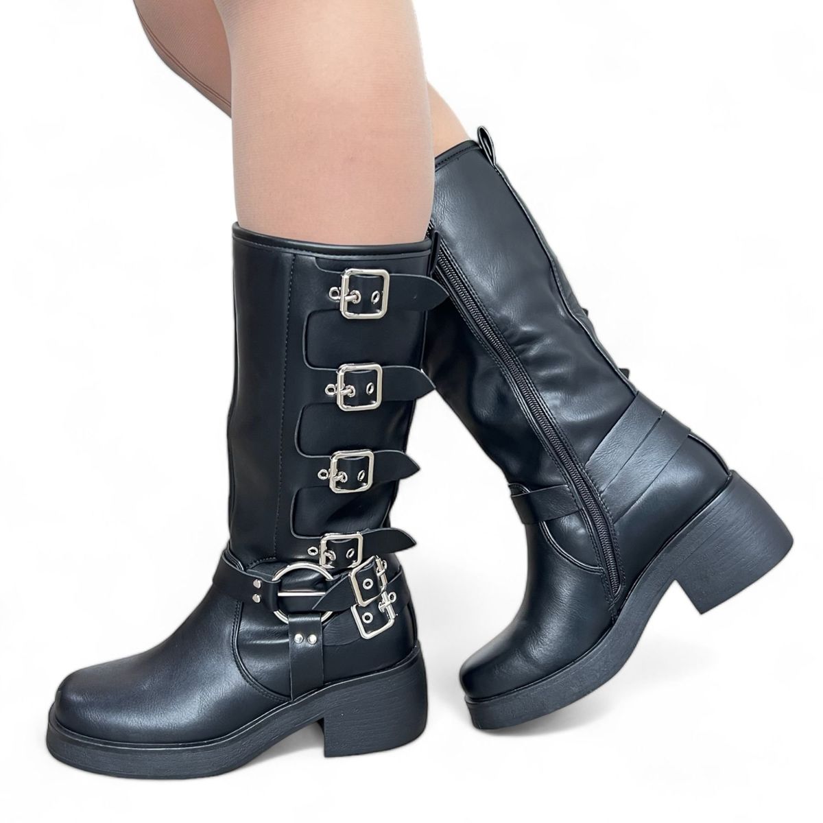 GENERICO - Botas Negras Biker Hebillas Mujer